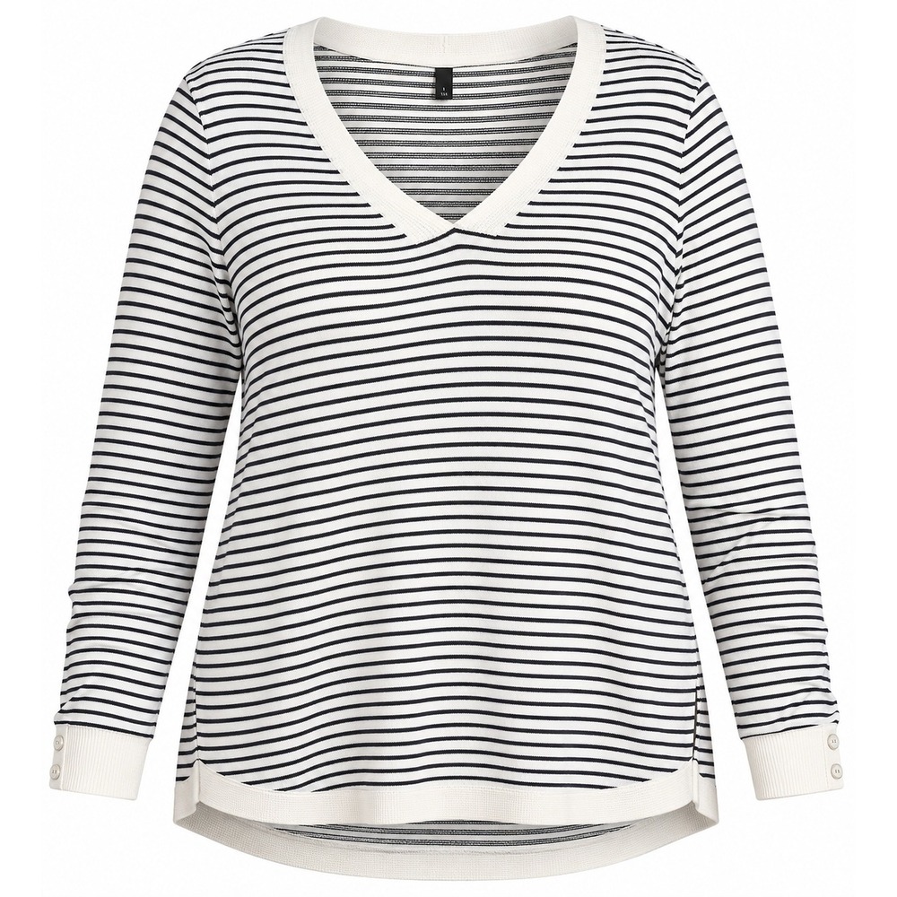 Talbots Womens Large Navy Ivory Striped V-Neck Rayon Blend Sweater Curved Hem